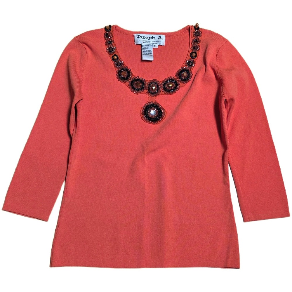 Vintage Joseph A. 3/4 Sleeve Tee Women's Size M Orange Beaded Neckline